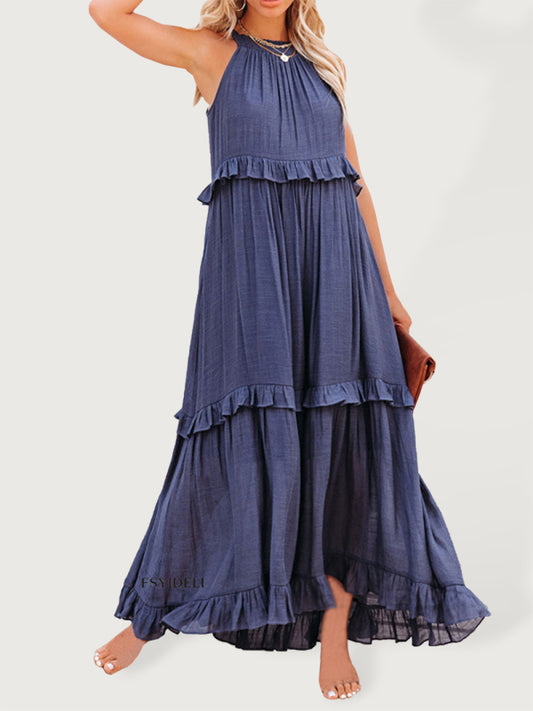 Sleeveless A-Line Maxi Dress – Halter Neck, Solid Color, Lightweight Fit