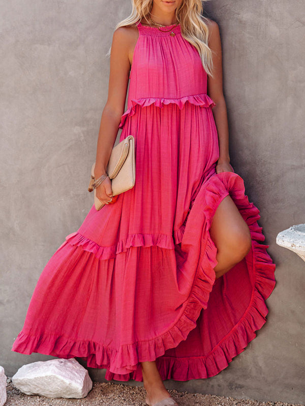 Sleeveless A-Line Maxi Dress – Halter Neck, Solid Color, Lightweight Fit
