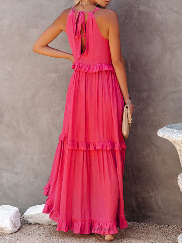 Sleeveless A-Line Maxi Dress – Halter Neck, Solid Color, Lightweight Fit