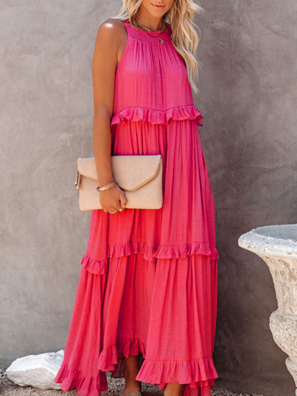 Sleeveless A-Line Maxi Dress – Halter Neck, Solid Color, Lightweight Fit