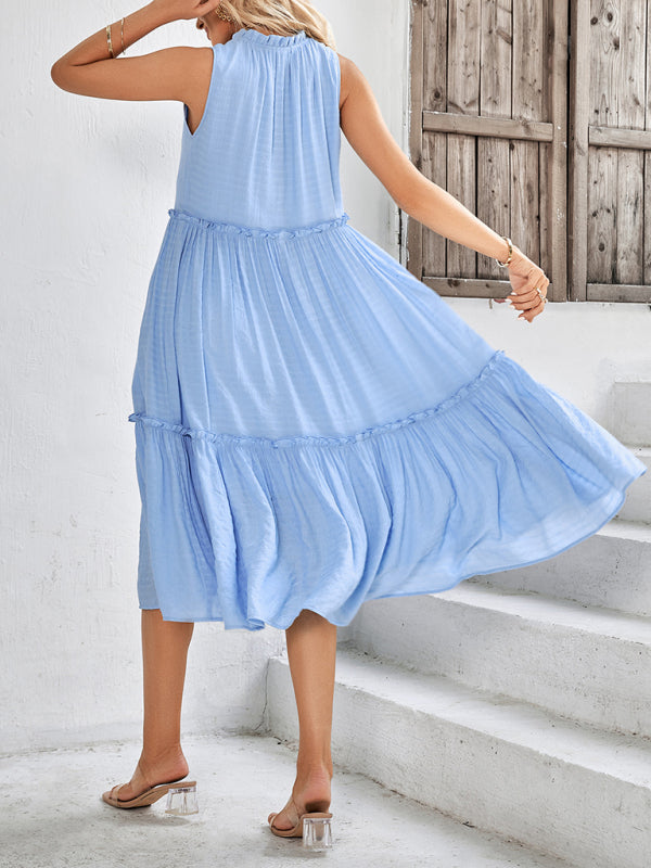 Solid V-Neck Sleeveless Loose Dress – Soft Polyester, Spring-Summer Casual Look
