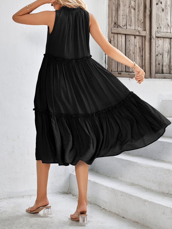 Solid V-Neck Sleeveless Loose Dress – Soft Polyester, Spring-Summer Casual Look