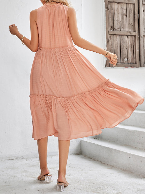 Solid V-Neck Sleeveless Loose Dress – Soft Polyester, Spring-Summer Casual Look