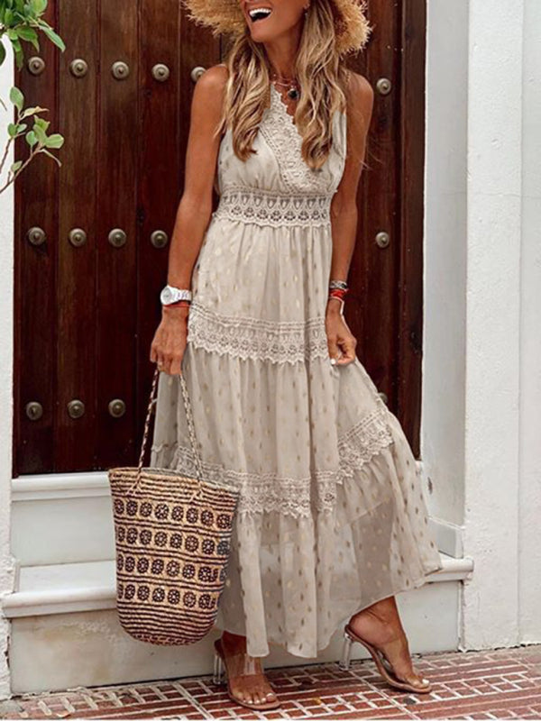 Women's Deep V Lace-Panel Chiffon Midi Dress – Sleeveless & Polka Dot