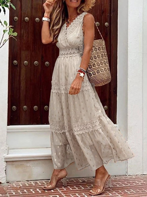 Women's Deep V Lace-Panel Chiffon Midi Dress – Sleeveless & Polka Dot