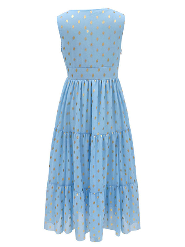 Women's Deep V Lace-Panel Chiffon Midi Dress – Sleeveless & Polka Dot