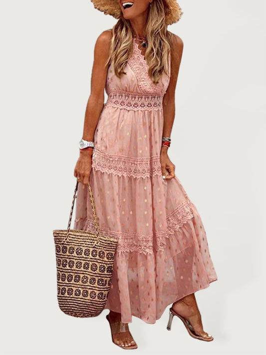 Women's Deep V Lace-Panel Chiffon Midi Dress – Sleeveless & Polka Dot
