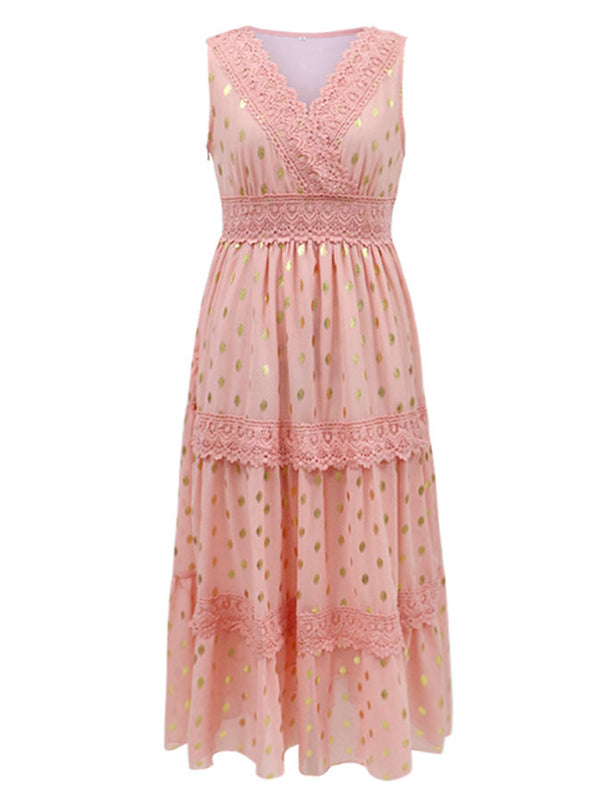 Women's Deep V Lace-Panel Chiffon Midi Dress – Sleeveless & Polka Dot