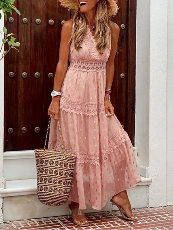 Women's Deep V Lace-Panel Chiffon Midi Dress – Sleeveless & Polka Dot