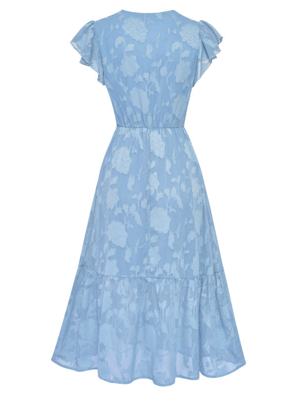 Damen Sommerkleid mit Blumenmuster und Rüschenärmeln – Kurzarm, V-Ausschnitt