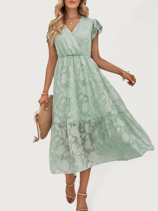 Damen Sommerkleid mit Blumenmuster und Rüschenärmeln – Kurzarm, V-Ausschnitt