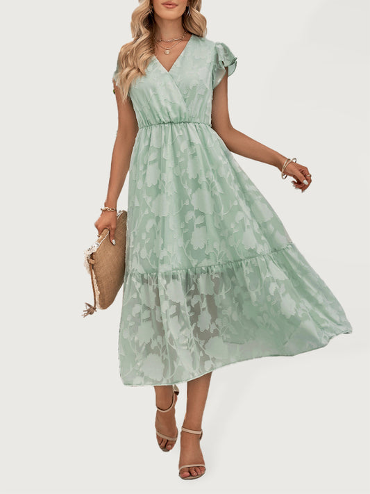 Damen Sommerkleid mit Blumenmuster und Rüschenärmeln – Kurzarm, V-Ausschnitt