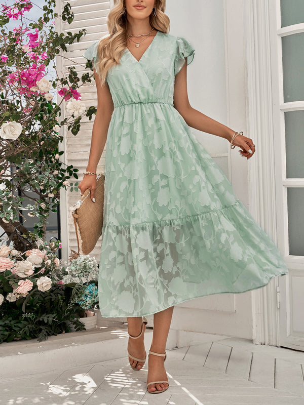 Damen Sommerkleid mit Blumenmuster und Rüschenärmeln – Kurzarm, V-Ausschnitt