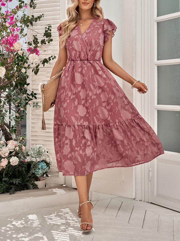 Damen Sommerkleid mit Blumenmuster und Rüschenärmeln – Kurzarm, V-Ausschnitt