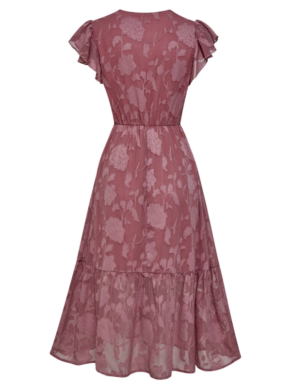Damen Sommerkleid mit Blumenmuster und Rüschenärmeln – Kurzarm, V-Ausschnitt