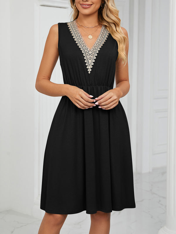 Knitted Lace V-Neck Sleeveless Dress with Pockets – Spring-Summer Leisurewear