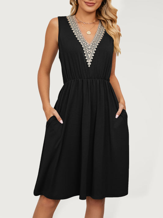 Knitted Lace V-Neck Sleeveless Dress with Pockets – Spring-Summer Leisurewear