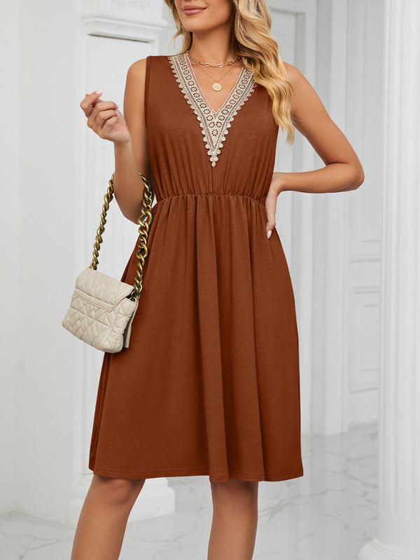 Knitted Lace V-Neck Sleeveless Dress with Pockets – Spring-Summer Leisurewear