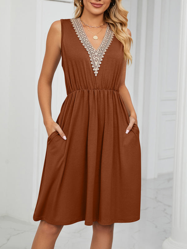 Knitted Lace V-Neck Sleeveless Dress with Pockets – Spring-Summer Leisurewear