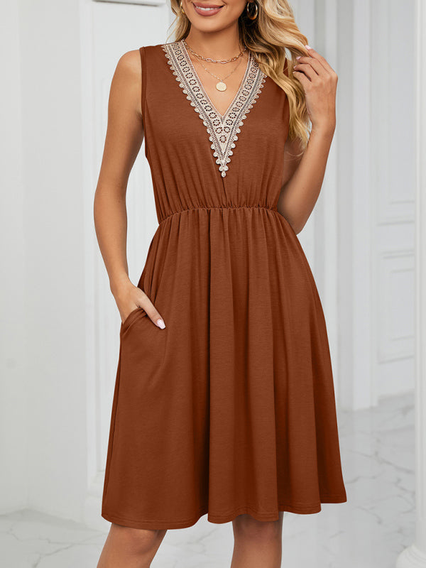 Knitted Lace V-Neck Sleeveless Dress with Pockets – Spring-Summer Leisurewear