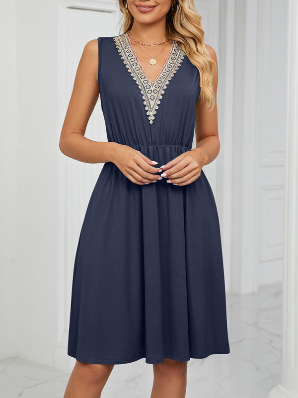 Knitted Lace V-Neck Sleeveless Dress with Pockets – Spring-Summer Leisurewear