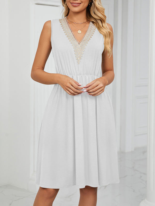 Knitted Lace V-Neck Sleeveless Dress with Pockets – Spring-Summer Leisurewear
