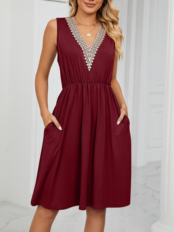 Knitted Lace V-Neck Sleeveless Dress with Pockets – Spring-Summer Leisurewear