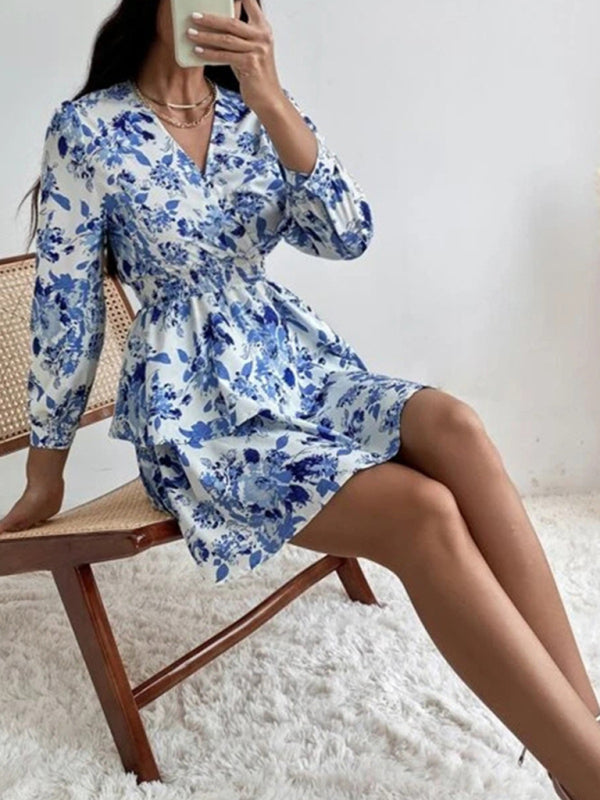 Pleated V-Neck Long Sleeve Woven Dress – Floral Print, Romantic Fit