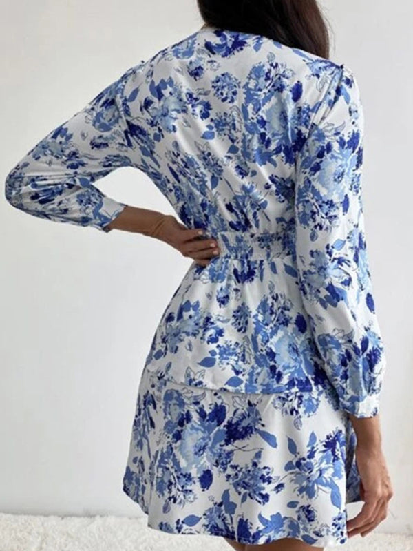 Pleated V-Neck Long Sleeve Woven Dress – Floral Print, Romantic Fit