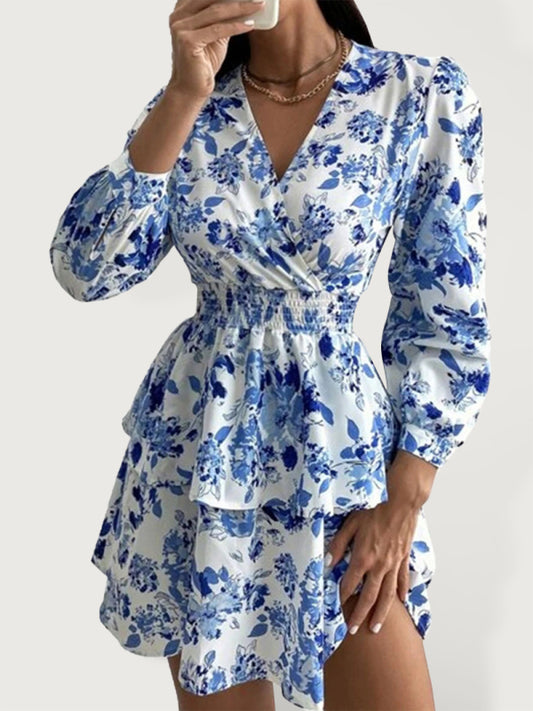 Pleated V-Neck Long Sleeve Woven Dress – Floral Print, Romantic Fit