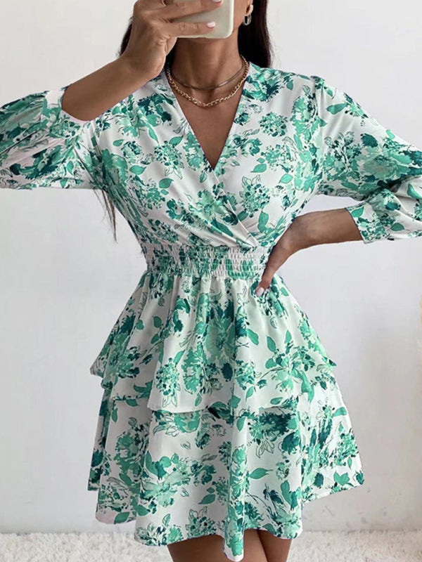 Pleated V-Neck Long Sleeve Woven Dress – Floral Print, Romantic Fit