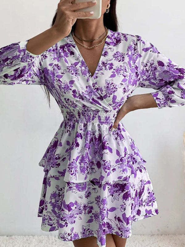 Pleated V-Neck Long Sleeve Woven Dress – Floral Print, Romantic Fit