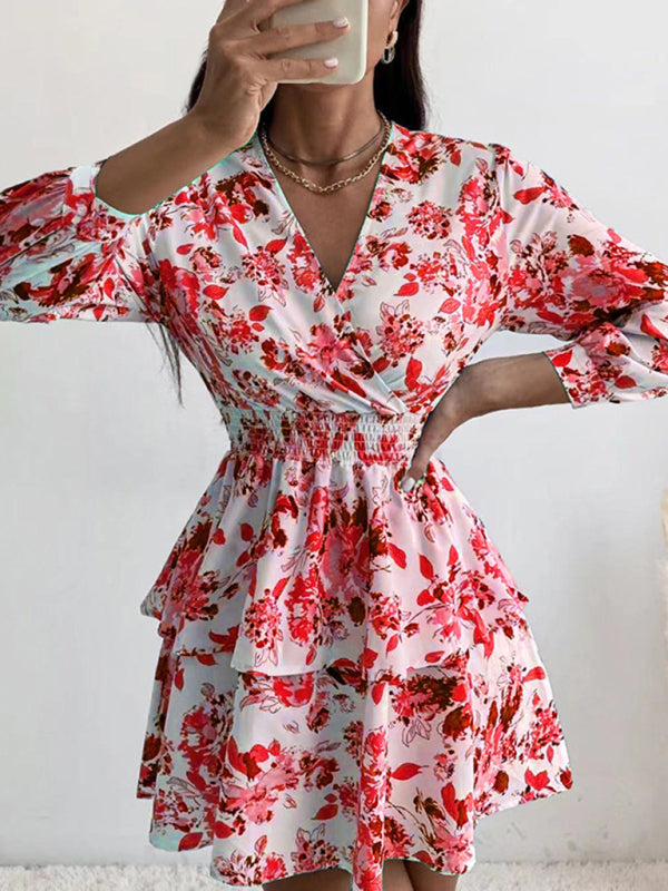 Pleated V-Neck Long Sleeve Woven Dress – Floral Print, Romantic Fit