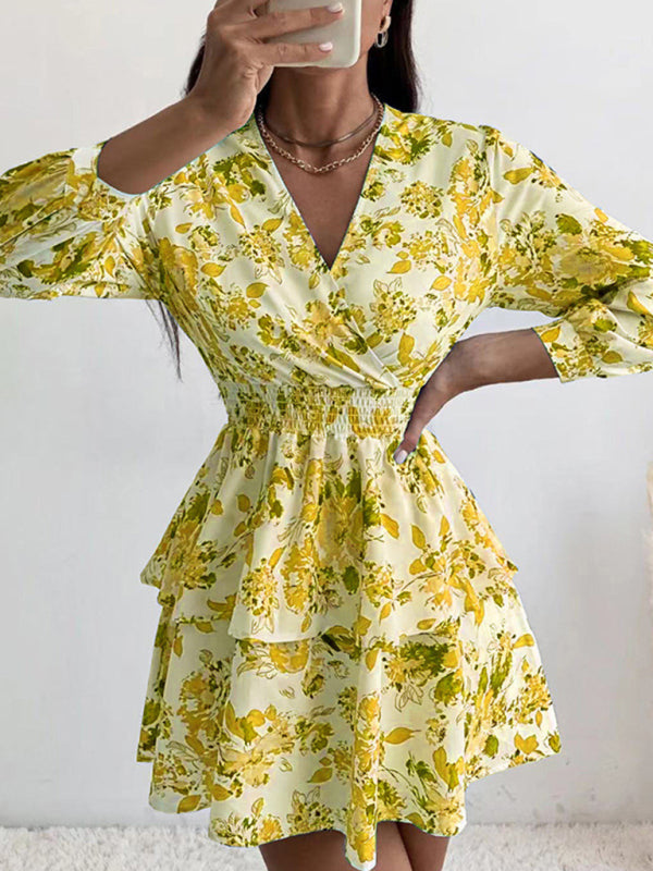 Pleated V-Neck Long Sleeve Woven Dress – Floral Print, Romantic Fit