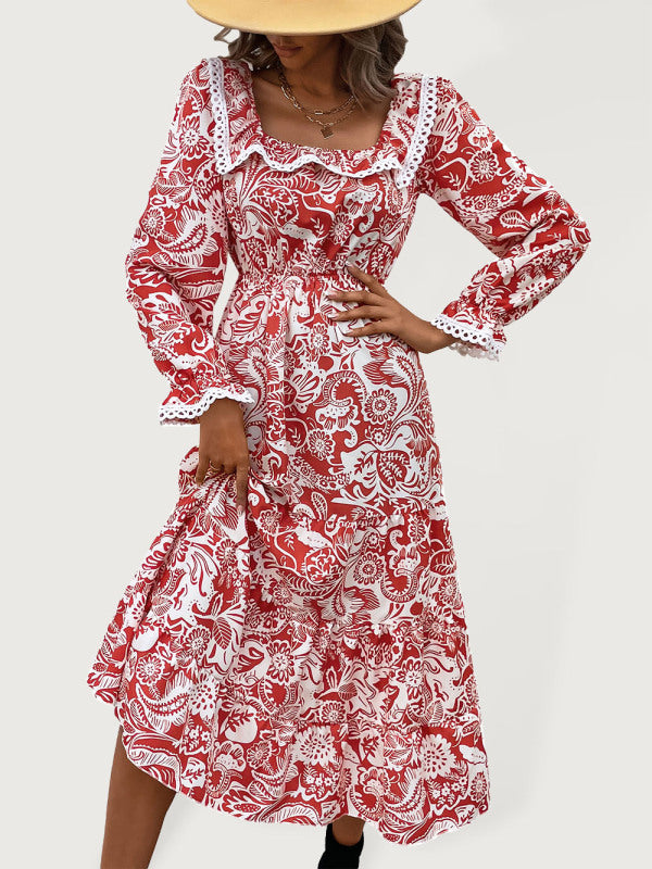 Boho Floral Woven Long Sleeve Dress with Square Neck – Spring Summer Style
