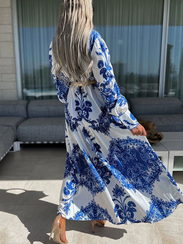 Vintage Woven Vacation Maxi Dress with Puffed Sleeves – Belt Not Included