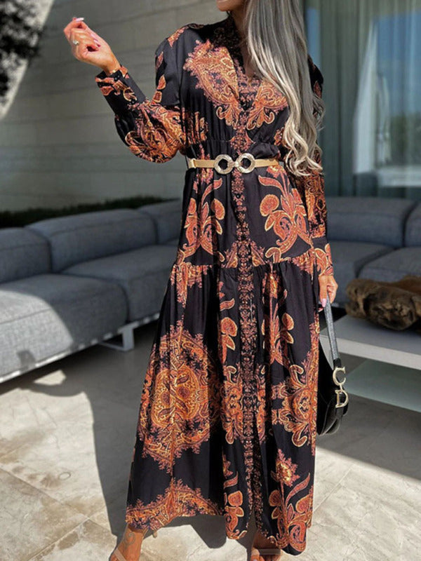 Vintage Woven Vacation Maxi Dress with Puffed Sleeves – Belt Not Included