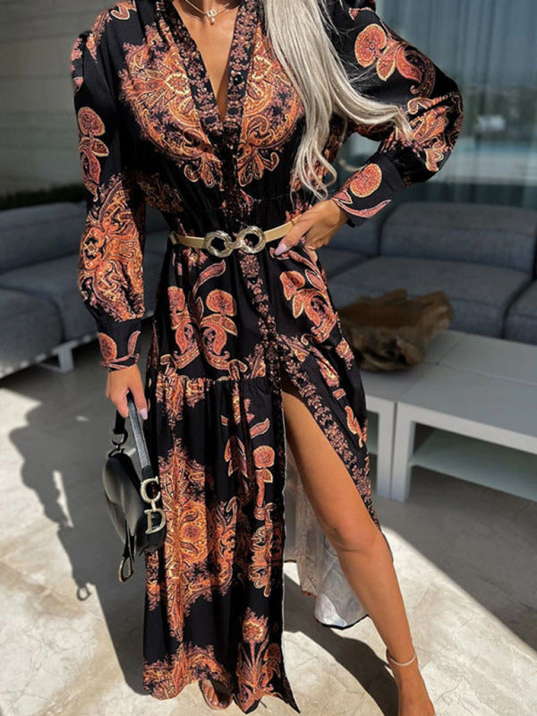 Vintage Woven Vacation Maxi Dress with Puffed Sleeves – Belt Not Included