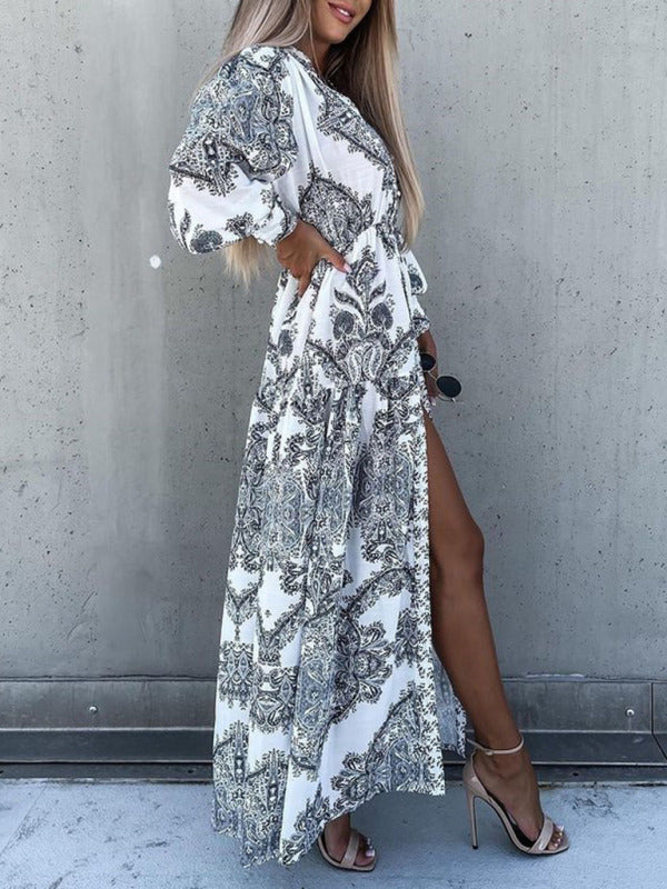 Vintage Woven Vacation Maxi Dress with Puffed Sleeves – Belt Not Included