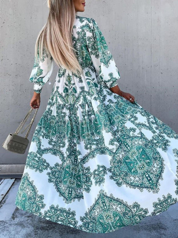 Vintage Woven Vacation Maxi Dress with Puffed Sleeves – Belt Not Included