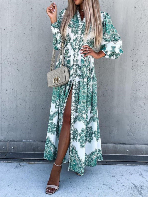 Vintage Woven Vacation Maxi Dress with Puffed Sleeves – Belt Not Included