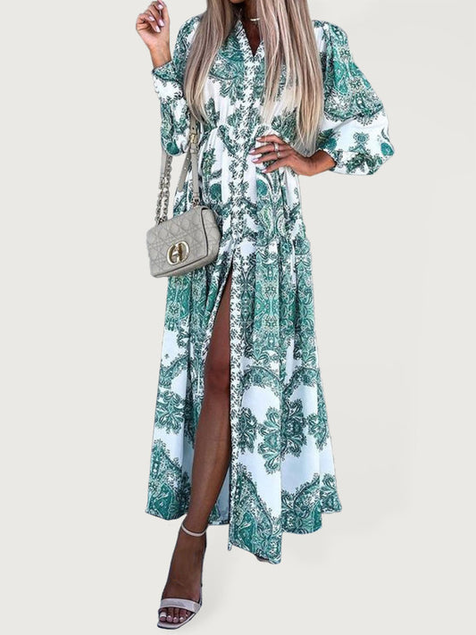Vintage Woven Vacation Maxi Dress with Puffed Sleeves – Belt Not Included