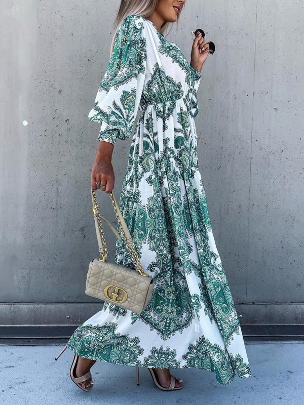 Vintage Woven Vacation Maxi Dress with Puffed Sleeves – Belt Not Included