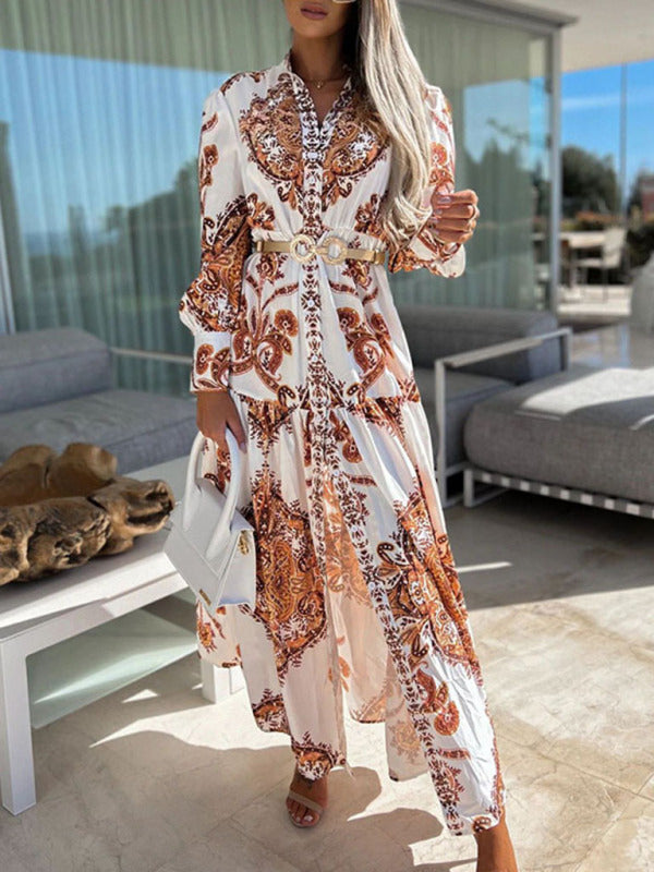 Vintage Woven Vacation Maxi Dress with Puffed Sleeves – Belt Not Included