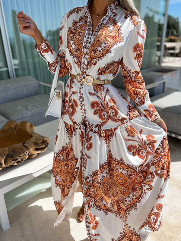 Vintage Woven Vacation Maxi Dress with Puffed Sleeves – Belt Not Included