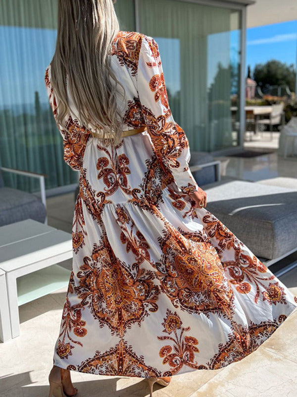 Vintage Woven Vacation Maxi Dress with Puffed Sleeves – Belt Not Included