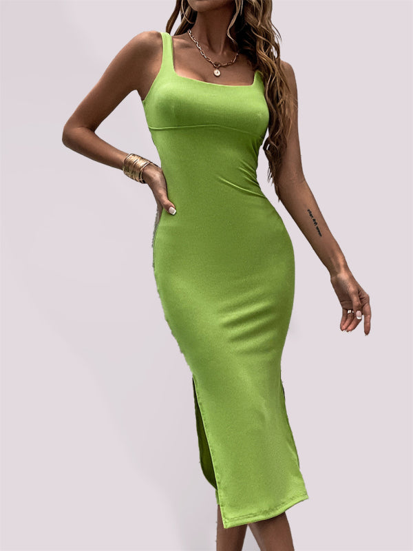 Knit Cross-Back Mid-Length Sundress – Square Neck & Side Slit Fit