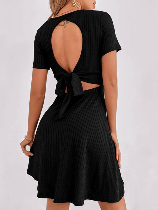Ruffled Backless Knit Mini Dress – V-Neck, Short Sleeves, Sexy Fit