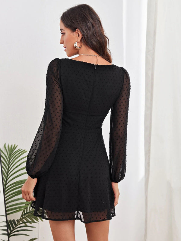 Elegant Chiffon Jacquard Long Sleeve Dress – High Waist & Lantern Sleeves