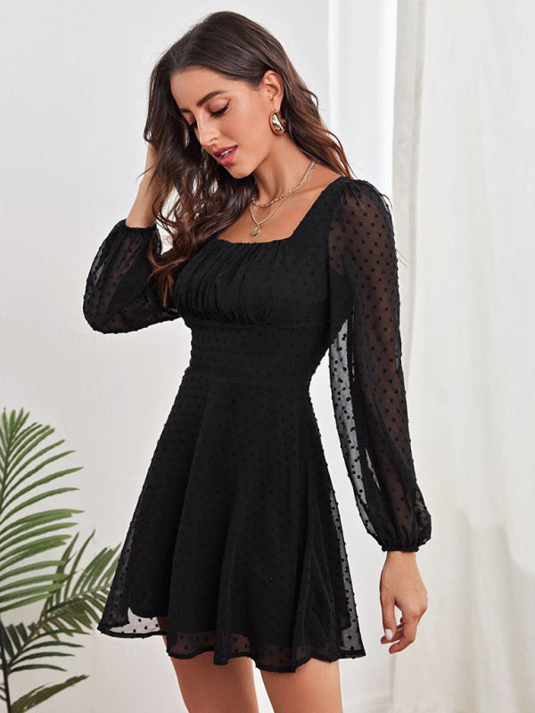 Elegant Chiffon Jacquard Long Sleeve Dress – High Waist & Lantern Sleeves